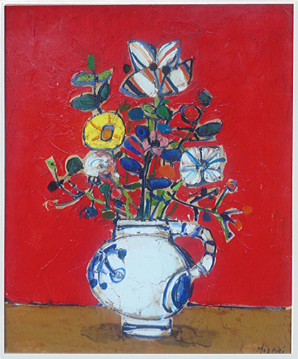 Paul Aizpiri: Bouquet of Flowers with a Red Backgound, ca, 1965 - painting