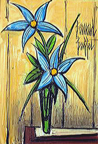 Bernard Buffet: Blue Flowers in a Green Vase - Painting